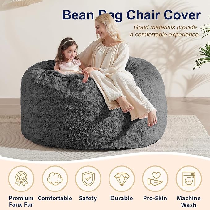 Bean Bag Cover (No Filler) - Faux Fur Beanbag Chairs Covers Only, Stuffed Animal Storage Bean Bag for Adults, Large Washable Beanbag Cover Without Filling, 5FT, Dark Grey - Image 4