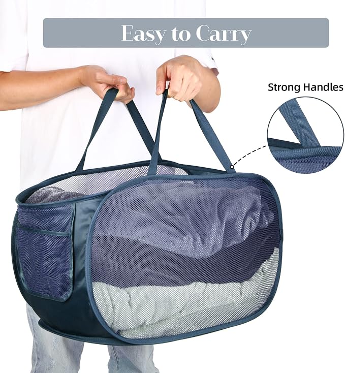 Durable Collapsible Laundry Baskets, Mesh Pop Up Laundry Hamper with Side Pocket, Foldable Clothes Storage Hamper with Reinforced Carry Handles for Laundry, Bathroom, Kids Room, Dorm or Travel Navy - Image 5