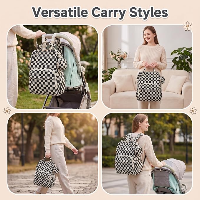 Baby Diaper Bag Backpacks for Mom Dad, Corduroy Large Capacity Multifunction Nappy Bag with Pacifier Case, Baby Travel Essentials Diaper Backpack for Boys Girls - Checkered Black - Image 8