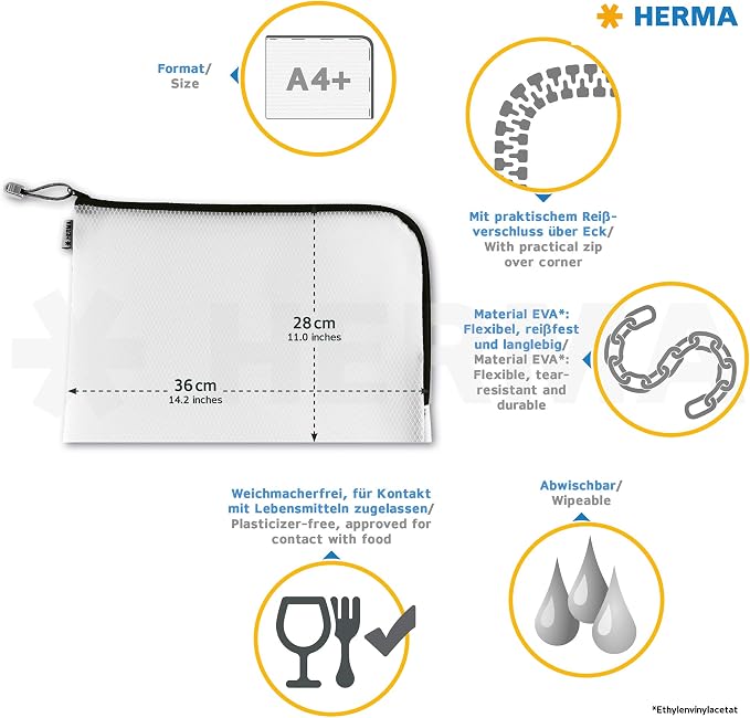 HERMA Red A4 Mesh Zipper Pouch, 36 x 28 cm, Universal Bag, File Folder, 100% Recycled, EVA Plastic, Straight Cut, End Position, Many Sheets, Clear Storage Wallet - Image 6