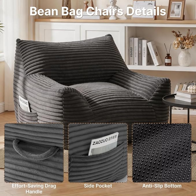 Bean Bag Chair for Adults & Kids, Giant Bean Bag Sofa with Side Pocket, Corduroy Beanbag Chair with Armrests, Comfy Stuffed Floor Sofa for Living Room Bedroom Dorm, Gray - Image 6