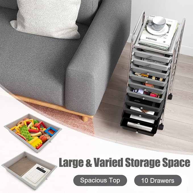 GOFLAME 10-Drawer Rolling Storage Drawer Cart, Utility Cart with Removable Drawers & Metal Frame, Mobile Art Craft Drawer Cart with Lockable Wheels for Home, Office, Studio, School, Gray Gradient - Image 4