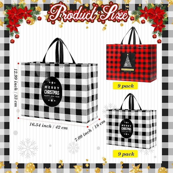 Colarr 18 Pcs Extra Large Christmas Tote Bags with Handle Christmas Gift Bag Non Woven Red Black Buffalo Plaid Waterproof Reusable Bag for Winter Xmas Holiday Wedding Party Supplies, 16.5''x 13 "x 7'' - Image 3