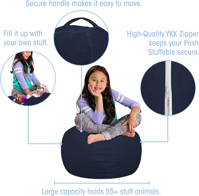 Posh Stuffable Kids Stuffed Animal Storage Bean Bag Chair Cover - Childrens Toy Organizer, Medium 27" - Solid Navy Blue - Image 2
