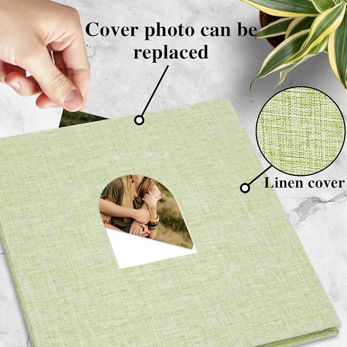 Vienrose Self Adhesive Photo Album with Arch Window, 120 Pages, Grass Green | Linen Cover, 12.6x12.99 Inch, Memory Book, Blank Inner Page, Three Metallic Pens - Image 3