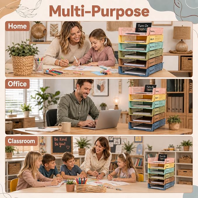 Set of 6 Boho Turn in Trays with Label Stickers for Teachers Stackable Classroom Paper Letter Trays Plastic Classroom Desk Letter Organizer Tray Storage Baskets for Library, Drawers, Office, Home - Image 6