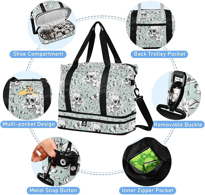 MNSRUU Travel Duffel Tote Bag Vintage Goth Skull Sports Duffel Bag with Wet Pocket Weekender Overnight Bag for Women Men Gym Bag, Carry On Bag Hospital Bag for Labor & Delivery - Image 4