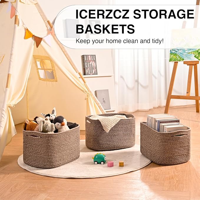 ICERZCZ Storage Baskets for Organizing Shelves, Woven Cotton Rope Bins for Baby Nursery Organization, Book Toy Towel Organizer, 15"x11"x9.5", 3 Packs, Dark Brown - Image 6