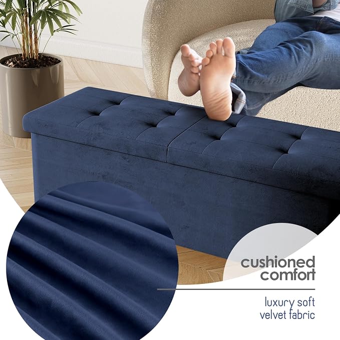 Storage Ottoman Bench with Bins, 43-in Storage Bench for Bedroom End of Bed, Folding Foot Rest Ottoman for Living Room Max 660lbs, Velvet Ottomans, Blue - Image 8