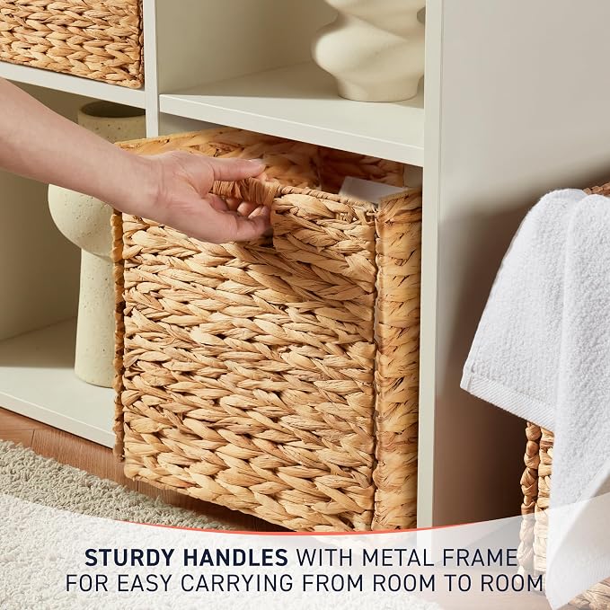 Ornavo Home 13x13 Water Hyacinth Storage Baskets Set of 8, Natural | Handwoven Collapsible Wicker Cube Bins with Handles; Ideal for Bathroom, Bedroom, Laundry or Pantry - Image 5