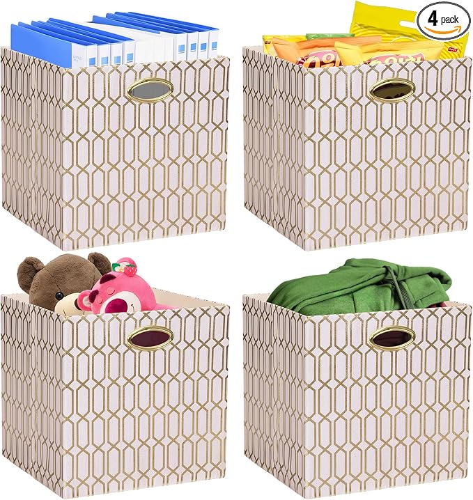 Posprica Storage Bins, Storage Cubes, 11×11 Fabric Drawers Organizer Basket Boxes Containers (11×11×11/4pcs, Cream/gold geometry Pattern) by Posprica