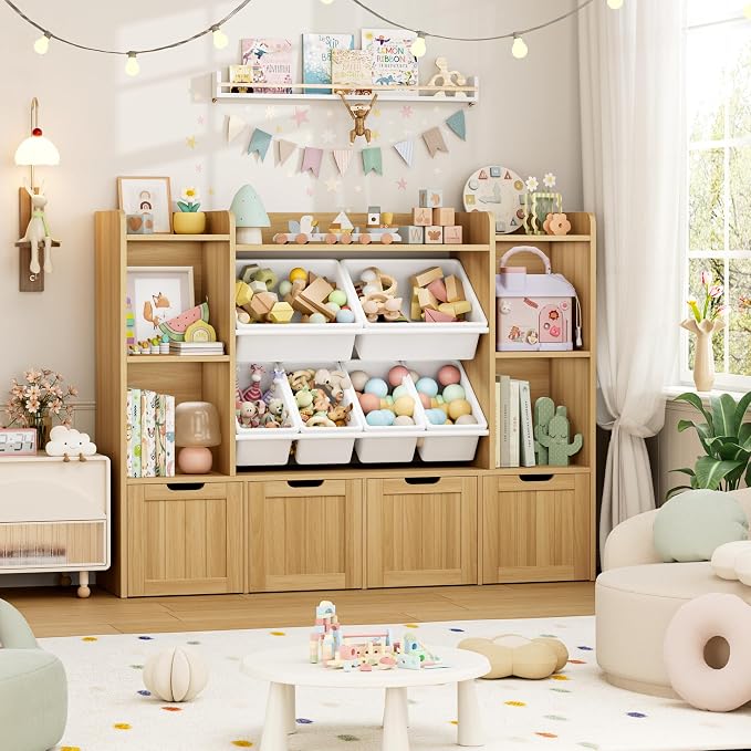 Toy Storage Organizer with Movable Drawer Toy Organizer for Kids | Large Toy Organizers and Storage with 6 Storage Cubbies, Kids Toy Storage and Toy Chest for Playroom and Kids Room, Natural - Image 2