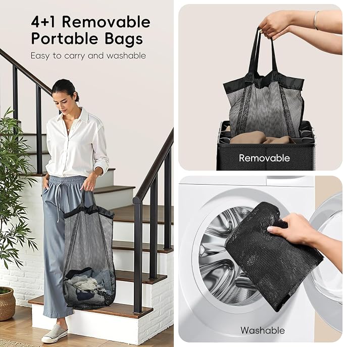 185L Laundry Hamper 4 Section with Lid | 4 Removable Bags + 1 Extra Large Bag, Switchable 3/4 Compartment, Laundry Basket Organizer for Bedroom, Laundry Room - Image 6