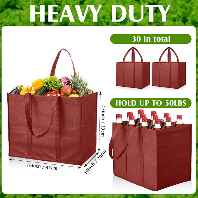 Hillban 30 Pack Large Reusable Shopping Bags Bulk | Heavy Duty Foldable Grocery Bags 16 x 13 x 10 Inch, Washable Portable Storage Totes with Reinforced Handles - Image 3