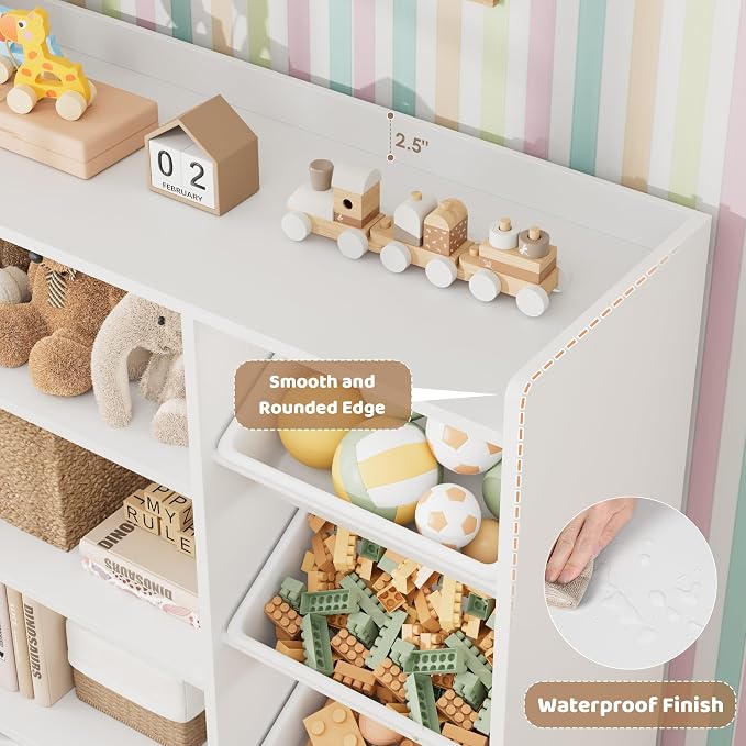 HITHOS 55" W Kids Toy Storage Organizer with 10 Toy Box & Book Shelf, White | Large Toy Organizers and Storage with Kids Bookshelf & 6 Plastic Toy Chests & 4 Movable Drawers for Kids Room, Playroom - Image 3