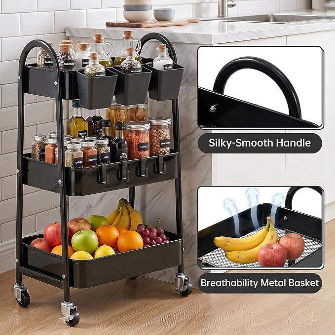 danpinera 3-Tier Rolling Cart, Utility Cart Mobile Metal Rolling Storage Cart with Lockable Wheels & Hanging Cups & Hooks for Kitchen, Bathroom, Office, Workshop, Black - Image 3
