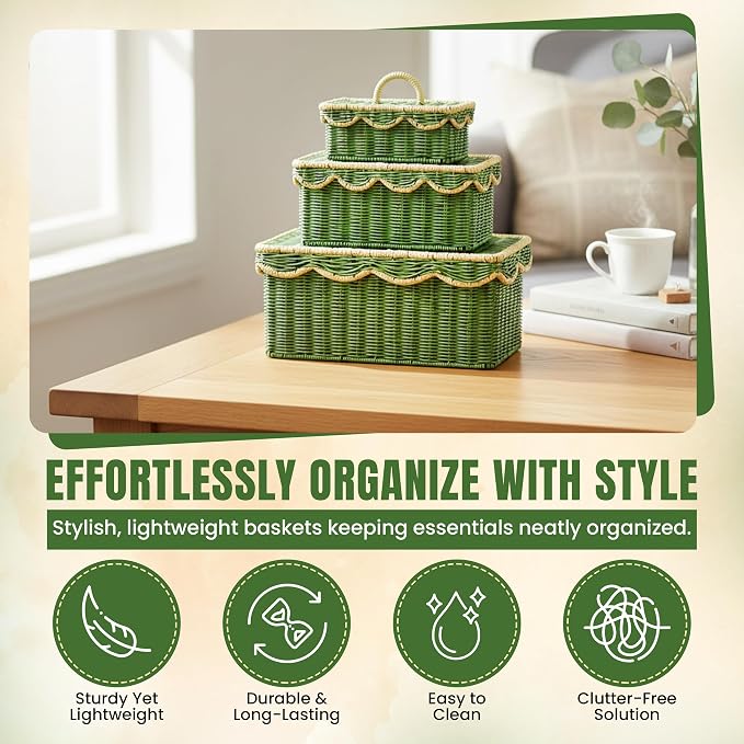 Scalloped Hyacinth Wicker Basket for Toy Storage | 3 Pack Woven Storage Baskets | Decorative Storage Baskets for Shelves | Rattan Baskets for Bedroom By NovaHeavensNest (Green & Golden) - Image 5