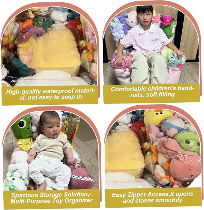 Bean Bag Stuffed Animal Storage Waterproof PVC Clear Bean Bag with Zipper Stuffable for Kids Toddler Armchair for Organizing Kids Rooms Stuffed Animal Storage Toy Bags Bath Toy - Image 4
