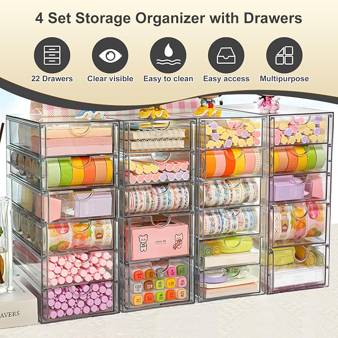 Acrylic Drawer Organizer with 22 Drawers, 4 Set Craft Organizers and Storage, Clear Storage Drawers, Desk Drawer Organizer for Vanity, Office Supplies, Jewelry, Pen - Image 7