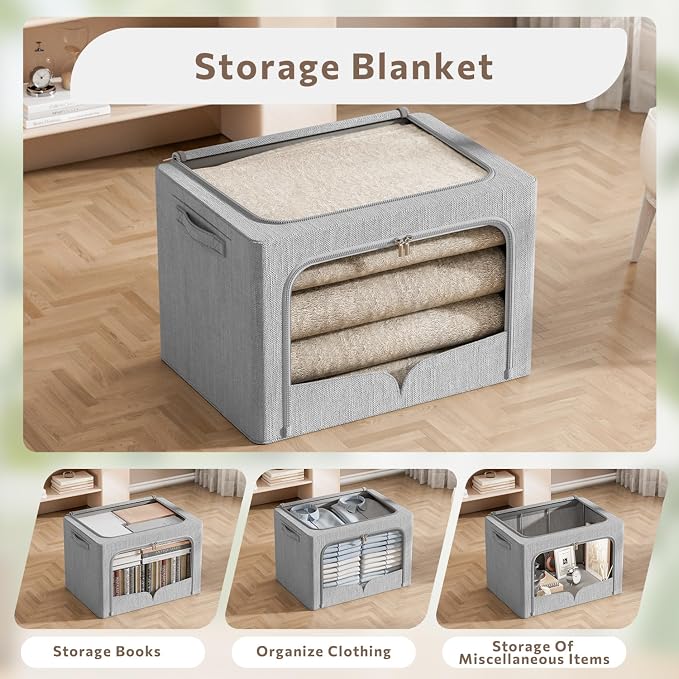 FHSQX 3 Pack Clothes Storage Bins Foldable Metal Frame Storage Box Extra Large Stackable Linen Fabric Organizer Set with Carrying Handles and Clear Window (Light Gray, 23.6x16.5x15.7inch(100L)) - Image 4