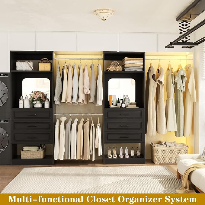 Unikito 6-14FT Wood Closet System with 6 Drawers and Mirror, Black | Sturdy walk-in organizer wardrobe for clothing, clothes rack with 3 hanging rods, freestanding garment storage tower. - Image 8