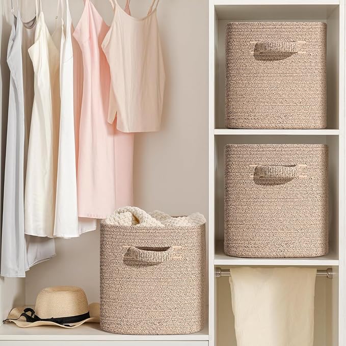12 Inch Storage Cubes, 3 Pack Cube Storage Bins for Organizing, Cotton Rope Woven Baskets for Shelves, Bathroom, Kids Room, Closets, Baby Nursery - Image 5