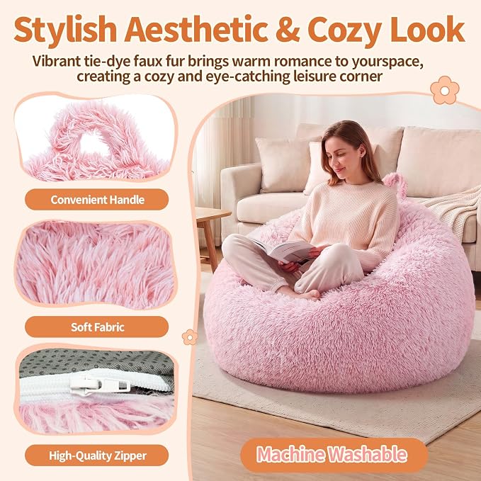 Stuffed Animal Storage Bean Bag Chair Cover, Soft Bean Bag Cover | Fluffy Faux Fur Stuffed Animal Storage Chair, Non-Slip Bottom, Fill with Plush Toys or Blankets, for Kids Teens Adults Girls - Image 5