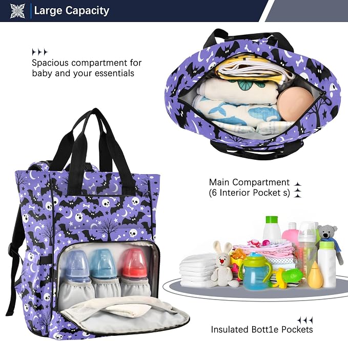 Mnsruu Diaper Bag Bats Satellites Skulls and Trees Large Changing Backpack Multifunction Travel Tote Mommy Bag Baby Diaper Backpack for Mom Dad - Image 4
