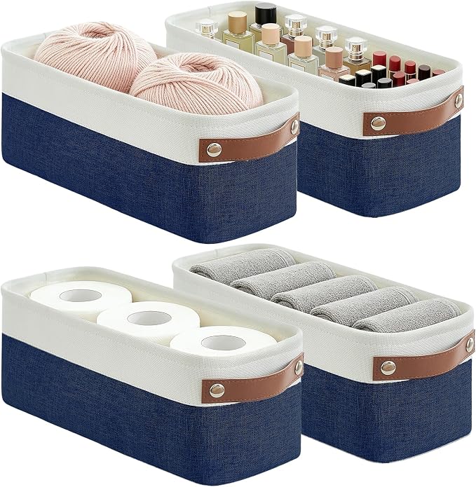 Small Fabric Storage Baskets, 15x6x5 inch Narrow Storage Bins 4-Pack Long Storage Basket for Organizing with Handles, Decorative Basket for Closets, Shelves, Toilet Paper, Navyblue by Bagnizer