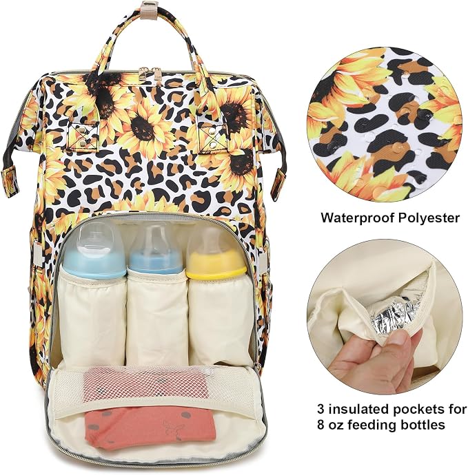 Leopard Sunflower Baby Diaper Bag Backpack for Girls Boys, Waterproof Large Maternity Nappy Bags for Mom - Image 2