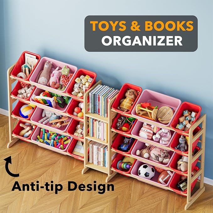 SpaceAid Large Toy Storage Organizer with 24 Bins and 3 Shelves, Toy Organizers Storage Bookshelf, Kids Bin Shelf Box Bookcase for Bedroom Playroom Organization Room Decor, Red and Pink - Image 4