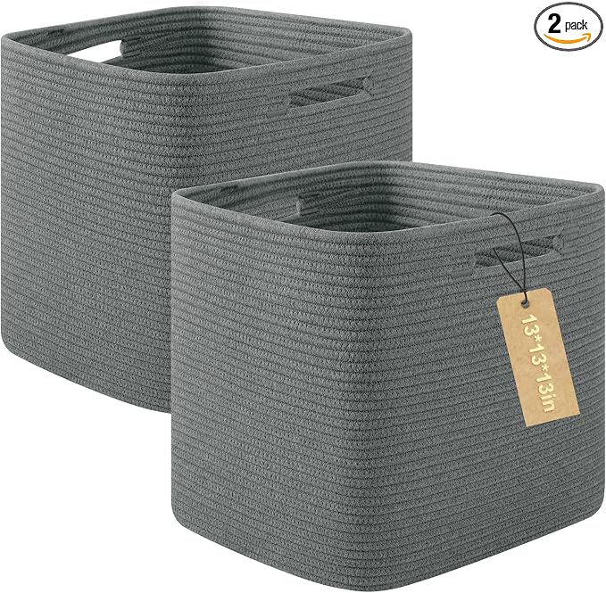 OIAHOMY 2 PACK Cube Storage Bin 13 Inch Collapsible Storage Cube Dark Grey | Cube Storage Organizer Storage Bins for Shelves Baskets for Organizing Woven Rope Storage Baskets by MasterofSpaceOptimization