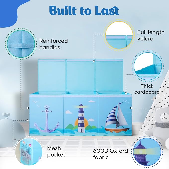Extra Large Collapsible Sturdy Toy Storage Organizer with Lids, Ocean Theme Toy Box for Boys & Girls, 40"x16"x16", Modern, Blue - Image 7