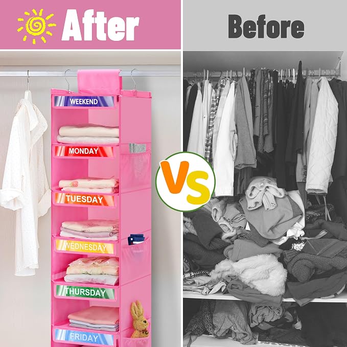 2 Pack 6-Shelf Weekly Clothes Organizer for Kids, Hanging Daily Closet Organization with 6 Side Pockets, Days of The Week Clothing Divider Storage for Boys and Girls (Pink) - Image 6