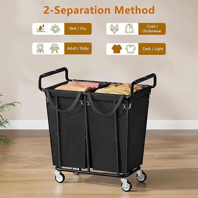 Gewudraw 2 Bag Laundry Hamper with Wheels Medium Size, 250L, Black | Rolling Laundry Basket, Steel Frame, Removable Liner, Heavy Duty Rolling Laundry Cart with Handle for Laundry Room, Bathroom - Image 2
