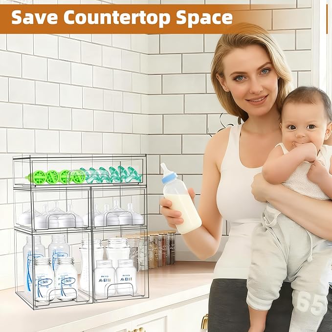 Baby Bottle Organizer, 5 Pack Stackable Storage Drawers with Labels, Clear Station Organizers Container for Pacifiers, Pump Parts, Desk Organizer Bins for Bathroom, Cabinet, Pantry, Vanity, Countertop - Image 2