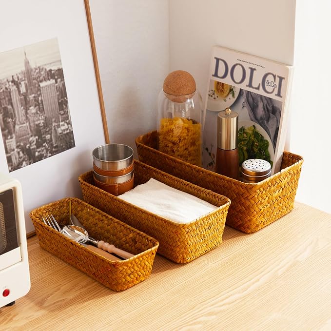 Seagrass Storage Basket, Stackable Open Woven Baskets Bins Container for Organizing Shelves Bedroom Living Room, Set of 3, Natural - Image 5