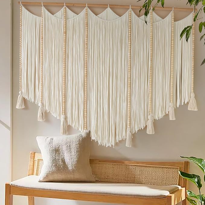 Jakalin Macrame Wall Hanging White Beads Yarn Art Boho Home Decor 57"x43" | Boho Wall Decor for Living Room,Bedroom,Nursery,Handwoven Tassel,Macrame Wall Art Cotton Craftsmanship Texture Wall Decor by Jakalin