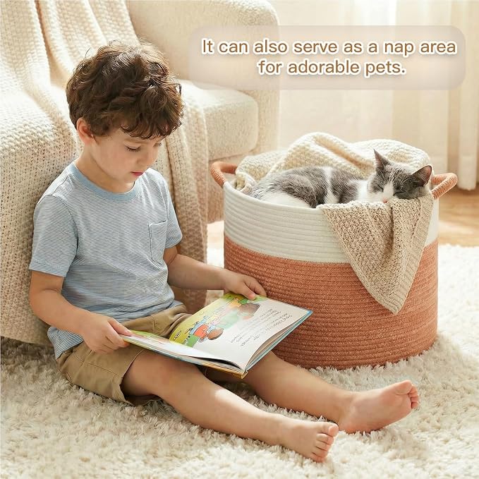 Artfeel 40L Large Cotton Rope Basket, Decorative Woven Blanket Storage for Living Room, Boho Toy Storage & Toy Box for Kids, Versatile Laundry Basket & Nursery Hamper for Blankets(Orange) - Image 4