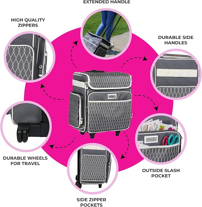 Everything Mary Rolling Scrapbook Storage Tote – Grey/White Diamond Craft Case for Paper, Binders, Beads, Scissors & Supplies – Telescoping Handle with Dual Wheels - Image 3