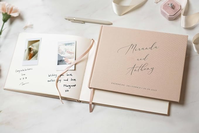 Personalized Linen Guest Book (Design 4) - 9 x 7.5 Hardcover Custom Wedding Guestbook Bride Groom Name Date Location Venue, Reception Ceremony Engagement Party Keepsake Signing Book w/ 120 Blank Pages - Image 6