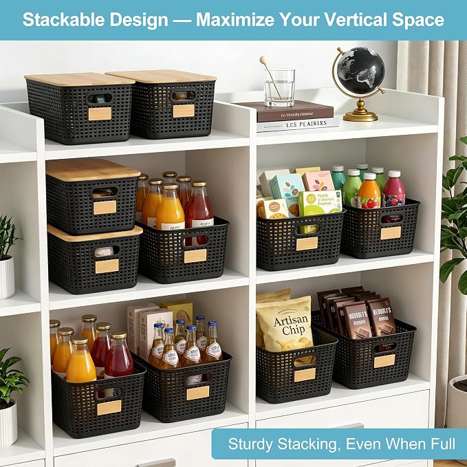 2 Pack Tall Plastic Storage Bins with Bamboo Lids, 10.8qt Stackable Storages Baskets for Organizing Desktop Closet Playroom Classroom Office, 12"L x 8.3"W x 6.1"H, Black - Image 3