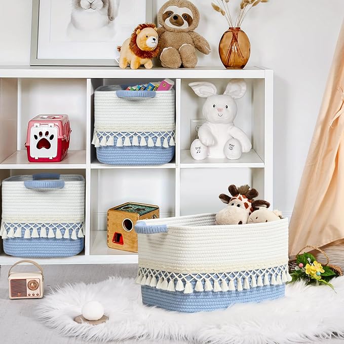 3 Pack Storage Basket for Shelves, Boho Cotton Rope Storage Bins with Heavy Tassel, Shelf Baskets Large Woven Baskets for Organizing, Cube Organizer Bins, Baby Laundry Basket for Clothes, Toys, Pets - Image 3