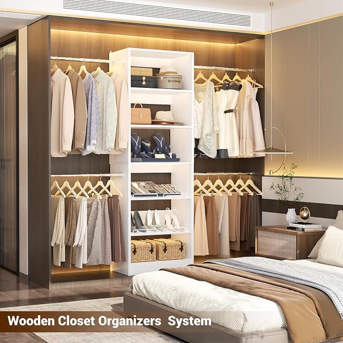 Unikito 4-8Ft Wood Closet Organizer System with Extendable Rods, White | Starter kit with tower and 4 hanging rods, walk-in closet wardrobe clothes rack with adjustable shelves, garment rack. - Image 2