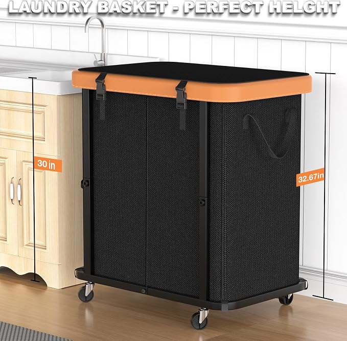 Laundry Basket with Wheels,190L Leather Patchwork Laundry Hamper 2 Setion | Sturdy Metal Frame, Removable Washable Bag, Tall Clothes Sorter for Bedroom - Black - Image 4