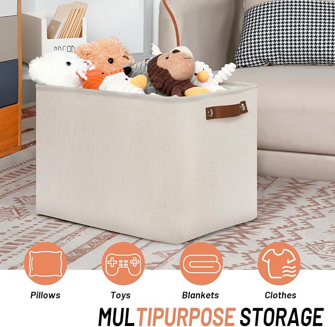 DULLEMELO Large Storage Baskets, Fabric Storage Bins for Organizing Clothes, Large Storage Bins with Handles for Shelves Closet Organizers, Fabric Storage Baskets for Toy Organizers(Beige) - Image 3