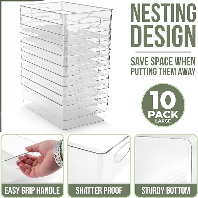 Sorbus Fridge Organizers and Storage, Clear Bins (Large, 10 Pack) | Plastic bin with easy access for cabinets, packaged food, produce and household supplies; contents stay visible for sorting - Image 2