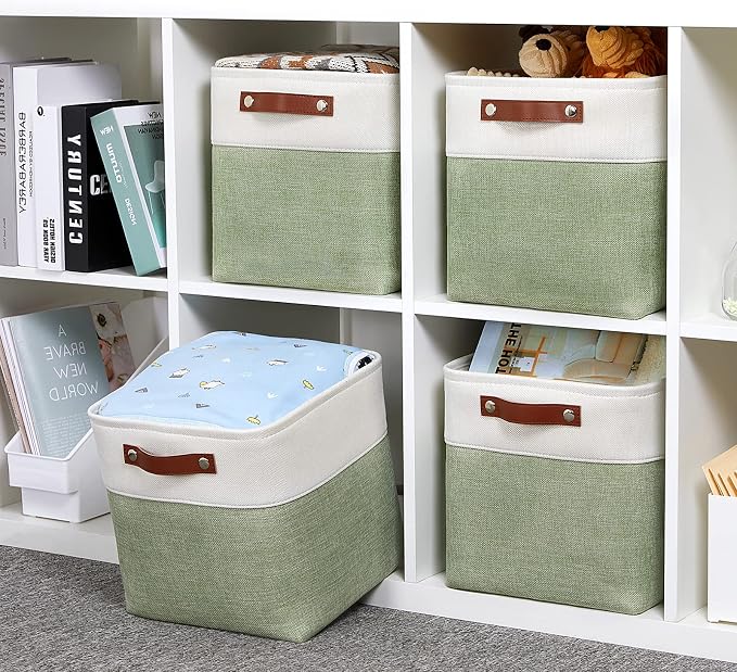 DULLEMELO Storage Baskets for Organizing, Fabric Storage Cubes for Box, 11 Inch Decorative Cube Storage Bins with handle for Gift Basket(4 Pack - 11" White&Green) - Image 6