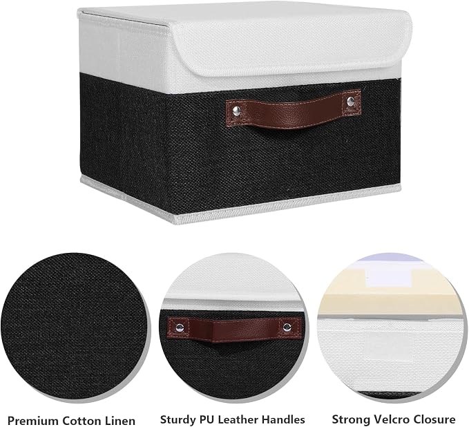 ANMINY Fabric Storage Box Bins with Lids, Black White, 10"x8"x7" | Keepsake Memory Storage, Cotton Linen, PP Board Reinforced, Washable, PU Handles, Foldable & Stackable, Decorative, Small - Image 2