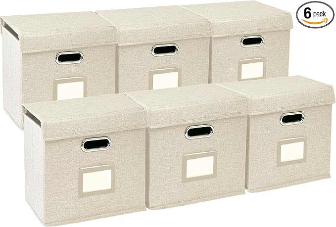6 Pack Hanging File Folder Box with Lid, Durable Letter Size Filing Storage Box, Sturdy File Holder with Cardboard Support PVC Rails for Office Home Organizer, Beige by ComfortKeeper